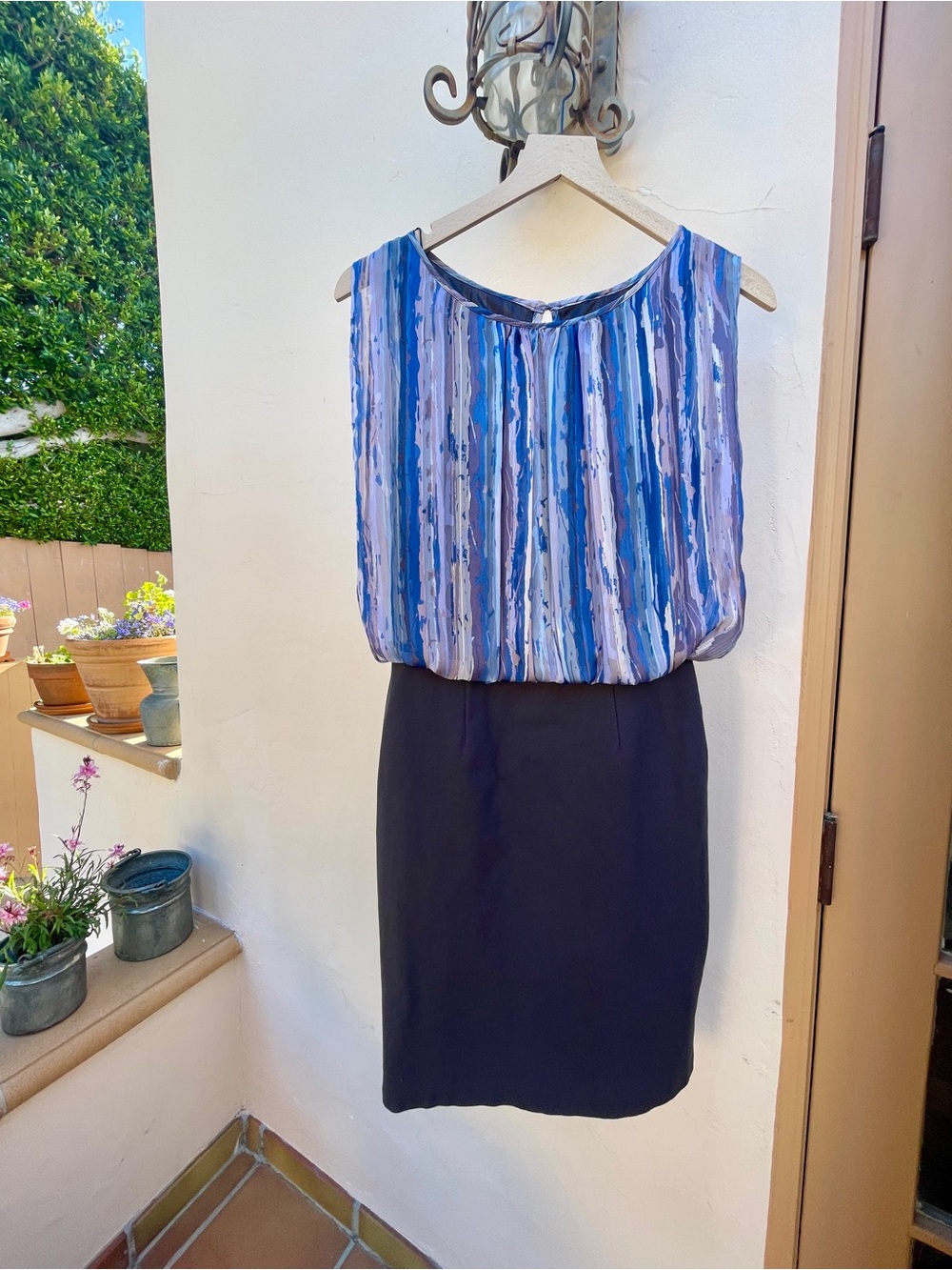 Dress :   Blue Multi-Stripe Blouson Top with Dark Gray Pencil Skirt